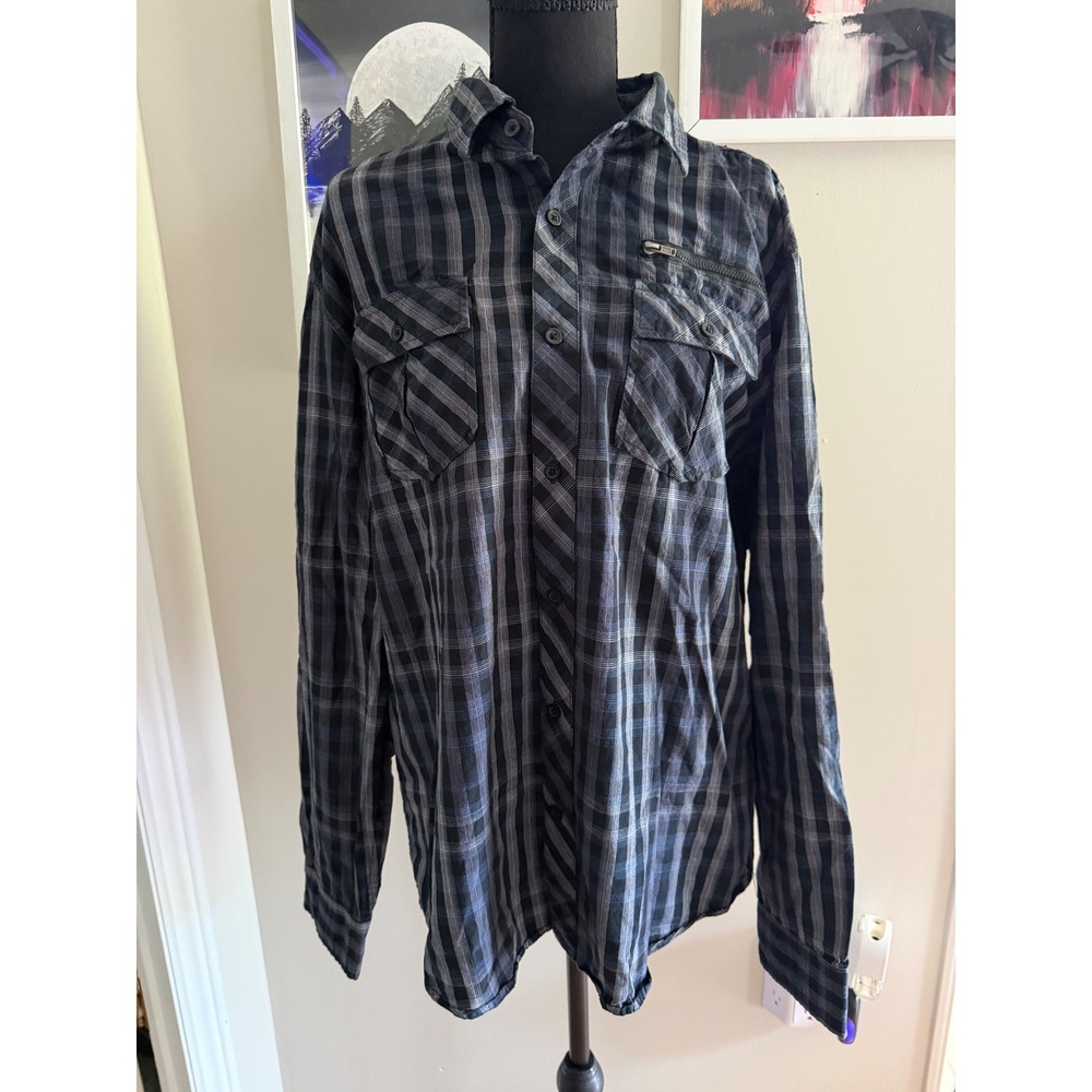 Eighty Eight Platinum Mens XL Plaid Button Down Shirt Black Blue Long Sleeve